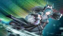  1girl absurdres arknights arknights:_endfield bare_shoulders black_dress black_gloves blue_hair demon_girl demon_horns detached_sleeves dress gloves highres horns long_sidelocks nun nun_headdress pointy_ears sidelocks solo unitaka xaihi_(arknights) 