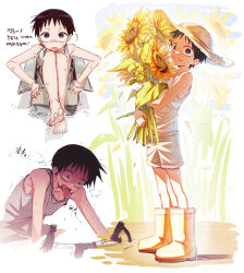  1boy :o absurdres armpit_crease barefoot bicycle black_hair blush boots box breath cardboard_box child choppy_bangs collarbone commentary constricted_pupils cropped_torso dirt dot_nose empty_eyes field flower flower_field flying_sweatdrops from_above from_side full_body grey_shorts grid_teeth grin happy hat hatching_(texture) heavy_breathing highres holding holding_flower hunched_over in_box in_container knees knees_up korean_text linear_hatching looking_at_viewer male_focus midousuji_akira motion_lines multiple_views outdoors pale_skin raised_eyebrows ribs riding riding_bicycle rubber_boots sehun shadow short_hair shorts shorts_rolled_up sidelighting sitting small_sweatdrop smile standing straw_hat sun_hat sunflower sunflower_field sweat tank_top tongue tongue_out translation_request very_short_hair very_sweaty violet_eyes white_background white_tank_top wide-eyed yellow_boots yellow_flower yowamushi_pedal 