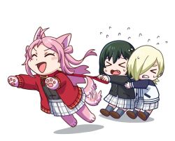  >_< 3girls :d ^_^ ahoge animal_ears animal_feet animal_hands black_jacket black_shirt black_socks blonde_hair cardigan clenched_teeth closed_eyes collared_shirt commentary_request dog_ears dog_girl dog_tail fang flying_sweatdrops green_hair hair_over_one_eye holding holding_leash jacket kemonomimi_mode leash letterman_jacket love_live! love_live!_nijigasaki_high_school_idol_club mia_taylor mifune_shioriko mole mole_under_eye multiple_girls neck_ribbon nijigasaki_school_uniform one_eye_covered open_cardigan open_clothes open_jacket open_mouth pink_hair pleated_skirt r3birth_(love_live!) red_cardigan red_ribbon ribbon sawa_(triangle_konkon) school_uniform shirt simple_background skirt smile socks tail tail_wagging teeth two_side_up v-shaped_eyebrows white_background white_jacket white_shirt white_skirt zhong_lanzhu 