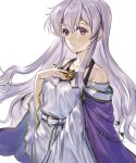  1girl abinosu0903 bare_shoulders breasts closed_mouth fire_emblem fire_emblem:_genealogy_of_the_holy_war hand_on_own_chest highres julia_(fire_emblem) lavender_dress looking_at_viewer medium_breasts purple_hair upper_body violet_eyes 
