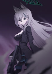  1girl absurdres animal_ear_fluff animal_ears assault_rifle aworuw1137 black_choker black_dress black_halo black_jacket blue_archive blue_eyes breasts broken_halo choker commentary cowboy_shot cropped_jacket cross cross_hair_ornament dress extra_ears from_side grey_hair gun hair_between_eyes hair_ornament halo highres holding holding_gun holding_weapon inverted_cross jacket large_breasts long_hair looking_at_viewer looking_to_the_side mismatched_pupils rifle shiroko_terror_(blue_archive) sig_556 smoke solo untranslatable_commentary weapon wolf_ears wolf_girl 