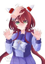  :< absurdres animal_ears blush breasts closed_mouth collarbone commentary_request galanthus green_eyes hair_between_eyes hair_ornament headpat highres horse_ears horse_girl long_hair looking_at_viewer low_twintails red_hair ribbon school_uniform small_breasts tracen_school_uniform twintails umamusume white_background win_variation_(umamusume) 