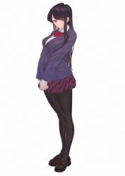  1girl black_eyes black_hair black_pantyhose black_shoes blazer blue_jacket blush bow bowtie breasts closed_mouth collared_shirt commentary_request diagonal-striped_bow diagonal-striped_bowtie diagonal-striped_clothes diagonal-striped_skirt full_body highres itan_private_high_school_uniform jacket kirikiri komi-san_wa_komyushou_desu komi_shouko long_hair long_sleeves looking_at_viewer pantyhose red_skirt school_uniform shirt shoes simple_background skirt solo standing striped_bow striped_bowtie striped_clothes striped_skirt white_background white_shirt 