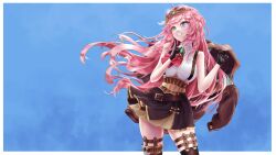 1girl absurdres aivy_lovencraft ericoatl fanart gloves goggles goggles_on_head green_eyes highres indie_virtual_youtuber long_hair monocle pink_hair simple_background skirt smile solo virtual_youtuber vtuber vtuberfanart
