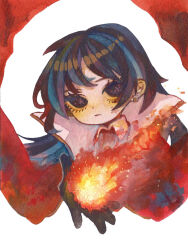  1boy black_eyes black_gloves black_hair cape chun_(project_moon) collared_shirt commentary_request fire gloves highres library_of_ruina looking_at_viewer mochigome_138 necktie painting_(medium) project_moon red_cape red_necktie shirt simple_background solo traditional_media watercolor_(medium) white_background white_shirt 