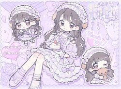  1girl :d ;d blush_stickers braid brown_eyes brown_hair cake cake_slice chibi closed_mouth commentary_request commission cross-laced_shoes dress drop_shadow eating food food_on_face fork frilled_dress frilled_hairband frills full_body grid_background hairband highres holding holding_fork holding_plate holding_stuffed_toy hoshizuki_chimama long_hair looking_at_viewer multiple_views one_eye_closed open_mouth original plate purple_background purple_dress purple_hairband shoes short_sleeves skeb_commission smile socks stuffed_animal stuffed_dog stuffed_toy twin_braids twitter_username white_shoes white_socks 