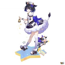  1girl animal_ears animal_print asymmetrical_legwear black_hair colored_inner_hair commentary cow_ears cow_horns cow_print cow_tail dress english_commentary fake_animal_ears fake_horns fake_tail full_body highres honkai_(series) honkai_gakuen horns looking_at_viewer mismatched_legwear multicolored_hair official_art open_mouth purple_hair seele_vollerei short_hair short_sleeves simple_background socks standing striped_clothes striped_socks tail teeth thigh-highs third-party_source uneven_legwear upper_teeth_only violet_eyes white_background white_thighhighs white_wrist_cuffs wrist_cuffs 