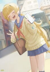  1girl absurdres alternate_costume alternate_hairstyle artist_name bag blonde_hair blue_sailor_collar blue_skirt breasts cardigan cellphone cellphone_charm charm_(object) clang_bang_(wuthering_waves) closed_eyes commentary day facing_viewer flying_sweatdrops hair_ornament highres holding holding_phone leaning_forward long_hair medium_breasts neckerchief open_mouth outdoors phoebe_(wuthering_waves) phone pururin_2000 red_neckerchief sailor_collar school_uniform shoulder_bag skirt smartphone smile solo tacet_mark_(wuthering_waves) textless_version very_long_hair w wuthering_waves x_hair_ornament yellow_cardigan 