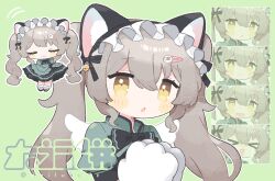  >_< 1girl :3 animal_ear_hairband animal_ears animal_hands black_bow black_bowtie black_hairband blush_stickers bow bowtie brown_hair cat_ear_hairband cat_ears closed_eyes closed_mouth commentary_request commission crying daifukumc fake_animal_ears frilled_hairband frills gloves green_background green_shirt hair_between_eyes hair_ornament hairband hairclip highres long_hair long_sleeves multiple_expressions multiple_views open_mouth original outline paw_gloves pixiv_commission shirt simple_background streaming_tears tears twintails upper_body white_gloves white_outline yellow_eyes 