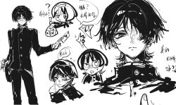  1boy :p akanbe alternate_costume bag bespectacled blunt_ends chinese_text closed_mouth commentary_request contemporary drooling eyelashes eyelid_pull finger_to_eye fingernails frana20103 gakuran genshin_impact glass glasses greyscale hair_over_one_eye holding holding_bag holding_letter jacket letter long_sleeves looking_at_viewer love_letter male_focus monochrome mouth_drool multiple_expressions multiple_views one_eye_closed open_hand pants plastic_bag sanpaku scaramouche_(genshin_impact) school_uniform shoulder_bag sketch solo speech_bubble split_mouth sweat tongue tongue_out translation_request tsurime white_background wispy_bangs 