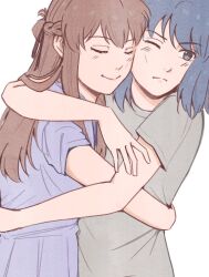  2girls blue_eyes blue_hair braid brown_hair closed_eyes closed_mouth commentary dress grey_shirt half_up_braid hashtag-only_commentary highres hug long_hair medium_hair miyagi_shiori multiple_girls one_eye_closed purple_dress sendai_hazuki shirt shuuniichido_classmate_wo_kau_hanashi simple_background tomatosaradu white_background yuri 