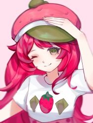  1girl ;) aegyo_sal arm_at_side arm_up bare_arms blurry blurry_edges breasts chinese_commentary commentary_request food-themed_hat food_print fruit_print green_eyes hair_over_shoulder hat high-waist_skirt highres long_hair looking_at_viewer one_eye_closed pink_background pink_hair pink_hat pink_skirt polka_dot polka_dot_skirt shirt sidelocks sideways_glance simple_background skirt small_breasts smile solo strawberry_hat strawberry_print strawberry_shortcake_(2009) strawberry_shortcake_(character) strawberry_shortcake_(series) swept_bangs t-shirt upper_body very_long_hair white_shirt xinjinjumin035538262448 