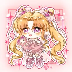  1girl =_= absurdly_long_hair animal ankle_bow ankle_ribbon arm_bow arm_warmers armlet back_bow beads blonde_hair blush_stickers bow bowtie bubble_skirt cat chibi chinese_commentary choker cloak closed_mouth clothed_animal commentary_request cone_hair_bun dot_nose double_bun dreamtime_bestowed_(infinity_nikki) dress dress_bow ear_covers eyelashes footwear_bow frilled_arm_warmers frilled_cloak frilled_dress frills frown gem gem_hair_ornament gulu_guo_bao_rou hair_between_eyes hair_bow hair_bun hair_ribbon happy heart-shaped_gem hood hood_up hooded_cloak infinity_nikki jewelry large_bow leg_ribbon leg_up light_blush light_particles long_hair long_sidelocks momo_(nikki) multicolored_shoes nikki_(series) official_alternate_costume open_mouth outline parted_bangs pink_arm_warmers pink_background pink_bow pink_bowtie pink_choker pink_clouds pink_dress pink_gem pink_ribbon pink_shoes purple_bow ribbon ribbon_earrings shoes short_dress sidelocks skirt sleeveless sleeveless_dress smile spaghetti_strap sparkle standing twintails two-tone_shoes very_long_hair violet_eyes wavy_hair whiskers white_cat white_outline white_shoes wrist_bow 