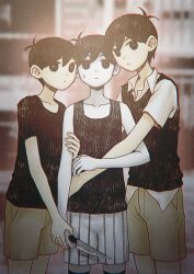  3boys :| aged_down antenna_hair arm_hug bare_arms bare_shoulders black_background black_eyes black_hair black_shirt black_shorts black_sweater_vest black_thighhighs blurry blurry_background boy_sandwich bright_pupils brown_shorts child chromatic_aberration closed_mouth colaji_(gnpw7772) collarbone collared_shirt colored_skin commentary_request cowboy_shot denim denim_shorts double-parted_bangs empty_eyes expressionless film_grain fingernails from_below hair_behind_ear hair_between_eyes hand_on_another's_hand hatching_(texture) hug hug_from_side jitome male_focus multiple_boys multiple_persona no_pupils omori omori_(omori) sandwiched shirt short_hair short_sleeves shorts sideways_glance simple_background standing straight-on striped_clothes striped_shorts sunny_(omori) sweatdrop sweater_vest t-shirt tareme thigh-highs time_paradox two-tone_shorts vertical-striped_clothes vertical-striped_shorts very_short_hair white_background white_pupils white_shirt white_shorts white_skin 