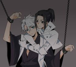  1boy 1girl alternate_universe aqua_eyes arms_around_neck black_eyes black_hair bleach bleach:_sennen_kessen-hen capelet chain commentary cuffs english_commentary gloves haori high_ponytail highres hitsugaya_toushirou jacket japanese_clothes kurosaki_karin ponytail quincy_(bleach) shackles shihakusho sidelocks silegesi taichou_haori white_capelet white_gloves white_hair white_jacket 
