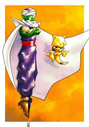  1boy abra absurdres alien bodysuit boots border brown_boots cape colored_skin crossed_arms crossover dragon_ball dwalkn green_skin highres orange_background outside_border painting_(medium) piccolo pointy_ears pokemon pokemon_(creature) purple_bodysuit signature sleeveless sleeveless_bodysuit traditional_media watercolor_(medium) white_border white_cape yellow_background 