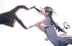  2girls absurdres asymmetrical_gloves black_flower black_gloves black_hair black_horns black_swan_(honkai:_star_rail) blue_hair breasts colored_inner_hair commentary demon_girl demon_horns demon_tail dress english_commentary flower four-finger_heart_hands full_body gloves hair_between_eyes hat hat_flower heart heart_arms heart_arms_duo heart_hands heart_hands_duo heart_tail high_heels highres honkai:_star_rail honkai_(series) horns large_breasts long_hair mismatched_gloves multicolored_hair multiple_girls out_of_frame shoes smile squatting sun_hat tail the_dahlia_(honkai:_star_rail) two-tone_hair very_long_hair violet_eyes waffle_404 white_background white_dress white_gloves white_hat white_shoes yuri 