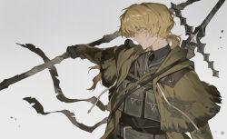  1boy a_certain_sinclair_(project_moon) aged_up animal_on_shoulder bandaged_weapon bird bird_on_shoulder black_bird blonde_hair claymore_(sword) coat commentary halberd highres holding holding_weapon limbus_company load_bearing_vest polearm ponytail profile project_moon shirt short_ponytail simple_background sinclair_(project_moon) sword sword_on_back trench_coat turtleneck turtleneck_shirt undershirt untranslatable_commentary upper_body weapon weapon_on_back yellow_coat yellow_eyes yingu494 