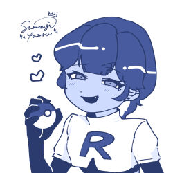  artist_name blue_skin blush colored_skin commentary_request cosplay earrings fang highres indie_virtual_youtuber jewelry looking_at_viewer monochrome open_mouth poke_ball short_hair signature simple_background sumeragi_yuzuru sumeragi_yuzuru_(artist) team_rocket team_rocket_uniform virtual_youtuber white_background 