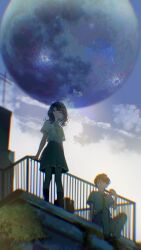  1boy 1girl absurdres bag black_hair blue_bow blue_bowtie blue_eyes blue_hair bow bowtie commentary doremy food food_in_mouth full_moon grey_pants grey_skirt highres looking_to_the_side make_heroine_ga_oo_sugiru! medium_hair moon moon_in_daylight necktie nukumizu_kazuhiko outdoors pants pleated_skirt pocky pocky_in_mouth railing rooftop school_bag school_uniform shirt short_hair short_sleeves skirt sky tsuwabuki_high_school_uniform white_shirt yanami_anna yellow_bow yellow_bowtie yellow_necktie 