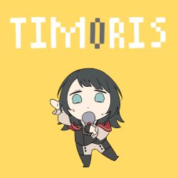  1girl absurdres arm_up bang_dream! bang_dream!_it's_mygo!!!!! black_hair black_vest blue_eyes capelet chibi chibi_only commentary_request highres holding holding_microphone kanade_(kanade_3344) microphone pants parody_request red_capelet simple_background solo sweat tetoris_(synthesizer_v) timoris_(bang_dream!) vest yahata_umiri yellow_background 