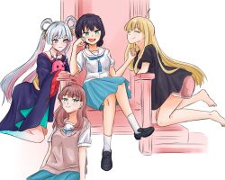  4girls :| ^_^ ahoge barefoot black_shirt black_shoes blonde_hair blue_eyes blue_hair blue_kimono blue_neckerchief blue_skirt blunt_bangs blush bow-shaped_hair breasts brown_hair brown_vest character_request cho_kaguya-hime! closed_eyes closed_mouth collarbone colored_extremities commentary copyright_request crossed_legs elbow_rest english_commentary green_eyes green_kimono grey_hair hand_on_another's_chin hand_on_own_cheek hand_on_own_face harem highres japanese_clothes jewelry kaguya_(cho_kaguya-hime!) kimono kneeling leaning_forward light_smile long_hair long_sleeves lying medium_breasts mheenamlily7 mole mole_under_eye multicolored_eyes multicolored_hair multiple_girls neckerchief necklace open_mouth pink_eyes pink_hair pink_shorts pleated_skirt red_trim runami_yachiyo sailor_collar sakayori_iroha sash scene_reference school_uniform serafuku shirt shoes short_hair short_sleeves shorts simple_background skirt smile socks split_mouth stroking_another's_chin swept_bangs throne twintails two-sided_fabric two-tone_eyes two-tone_hair v-shaped_eyebrows very_long_hair vest vignetting white_background white_sailor_collar white_shirt white_socks wide_sleeves yellow_sash yuri 