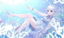  1girl air_bubble barefoot blue_dress blue_eyes blush bubble commentary_request coral_reef dress earrings fish highres jewelry makoron117117 medium_hair mole mole_under_eye neck_ribbon open_mouth original outstretched_arm ribbon see-through_clothes see-through_sleeves solo underwater white_hair 