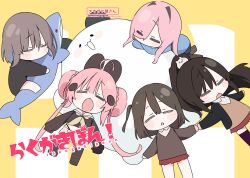  5girls =_= black_hair blue_hair braid brown_hair bun_with_braided_base chibi chibi_only closed_eyes colored_inner_hair commentary_request double_bun hair_bun hair_intakes high_ponytail highres holding_hands hugging_doll hugging_object multicolored_hair multiple_girls okishiro_momoka_(shin_no_tenpii) one_side_up open_mouth original pink_hair ponytail shin_no_tenpii stuffed_animal stuffed_shark stuffed_toy twintails 