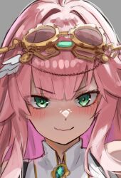 0hatmaster0 1girl aivy_lovencraft blush fanart gem goggles goggles_on_head green_eyes indie_virtual_youtuber long_hair pink_hair simple_background smile solo vtuber vtuberfanart