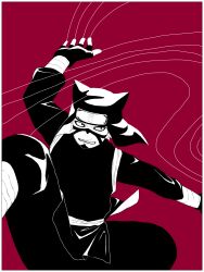  1boy absurdres bandaged_ankle bandaged_wrist bandages black_pants black_shirt border commentary_request facepaint fingerless_gloves forehead_protector gloves grin highres hood kankurou_(naruto) kuroko_(kabuki) long_sleeves naruto_(series) naruto_shippuuden pants partial_commentary pink_background puppet_strings sash sera_(secondlife) shirt simple_background smile solo spot_color sunagakure_symbol teeth white_border 