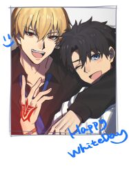  2boys absurdres arm_around_shoulder black_hair black_shirt blonde_hair blue_eyes blue_necktie bracelet collared_shirt command_spell commentary_request curtained_hair fate/grand_order fate_(series) fingernails fujimaru_ritsuka_(male) gilgamesh_(fate) hair_between_eyes hand_tattoo hand_up happy_white_day highres jewelry long_sleeves looking_at_viewer male_focus multiple_boys necktie one_eye_closed open_mouth raisakaki01 red_eyes shirt short_hair smile smiley_face tattoo teeth upper_body upper_teeth_only 