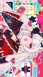  1girl apple_cafemocha black_hat braid butterfly-shaped_pupils clothing_cutout cosplay diamond_(shape) diamond_facial_mark diamond_on_cheek english_text facial_mark fang frills gloves hashtag-only_commentary hat hat_ornament heart heart_facial_mark heart_on_cheek highres honkai:_star_rail honkai_(series) long_hair looking_at_viewer mark_under_both_eyes mini_hat mini_top_hat multicolored_hair open_mouth paw_pose pink_eyes pixel_art rabbit_ear_headwear rabbit_hat_ornament red_streaks shoulder_cutout single_glove skin_fang smile solo sparkle_(honkai:_star_rail) sparkle_(honkai:_star_rail)_(cosplay) sparxie_(honkai:_star_rail) streaked_hair symbol-shaped_pupils top_hat twintails white_hair 