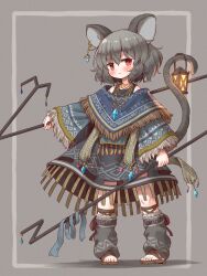  1girl :< alternate_costume animal_ear_piercing animal_ears arinu black_dress blush closed_mouth clothing_request commentary dowsing_rod dress dual_wielding earrings full_body grey_hair grey_leg_warmers highres holding holding_with_tail jewelry lantern leg_warmers looking_at_viewer mouse_ears mouse_girl mouse_tail nazrin necklace pendant prehensile_tail red_eyes sandals short_hair single_earring solo tail toes touhou 