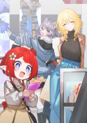  +_+ 3girls aglaea_(honkai:_star_rail) alternate_costume animal_ears bag black_shorts black_sweater blonde_hair blue_eyes blue_pants brown_dress cat_ears cat_tail cipher_(honkai:_star_rail) closed_eyes commentary_request contemporary crepe dress flower flower-shaped_pupils food grey_hair hair_flower hair_ornament highres holding holding_crepe holding_food honkai:_star_rail honkai_(series) hood hoodie ice_cream_crepe itame_moyashi jewelry multiple_girls pants pendant pointing red_hair shopping_bag shorts smile sweater symbol-shaped_pupils tail tail_through_clothes tribbie_(honkai:_star_rail) 