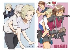  1boy 4girls absurdres barefoot blonde_hair carrying carrying_person claire_redfield closed_eyes comparison emily_(resident_evil) grace_ashcroft grenade_launcher grey_hair gun haldeco highres holster leaning_forward leon_s._kennedy mouth_hold multiple_girls resident_evil resident_evil_2 resident_evil_requiem sherry_birkin short_shorts shorts strap submachine_gun thigh_holster weapon 