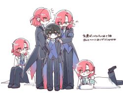  5boys armband black_hair blood blood_from_mouth blue_armband blue_eyes blue_vest blush butler clone_harem coat collared_shirt commentary_request dress_shirt formal_clothes grey_necktie grey_shirt half_updo hands_on_another's_shoulders height_difference hug_from_side hyoutenka_30-do_no_zetsubou knees_up kuchinashi_dabi lapels leg_up looking_at_another lying mole mole_under_eye multiple_boys multiple_persona musical_note necktie nekomiya_168 on_stomach oversized_clothes sharp_teeth shirt short_hair simple_background sitting sparkling_eyes teeth tonimura_yui translation_request two-sided_coat two-sided_fabric vest white_background white_necktie white_shirt 