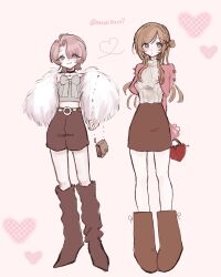  2girls arimura_mao bag belt black_boots black_choker black_shorts blue_eyes blush_stickers boots bow braid brown_bag brown_hair brown_skirt choker commentary_request crop_top full_body fur_jacket gakuen_idolmaster grey_shirt hair_over_one_eye handbag heart highres himesaki_rinami holding holding_bag idolmaster jacket knee_boots long_hair long_sleeves looking_afar multiple_girls nasubimaru7 open_clothes open_jacket pink_background pink_hair pink_jacket red_bag shirt shirt_bow short_hair shorts side_braid simple_background single_braid skirt sleeveless sleeveless_shirt smile watermark white_belt 