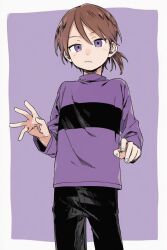  1boy ai-assisted bandit_(kuku88) black_pants brown_hair colokhan commentary english_commentary facing_viewer highres light_frown long_sleeves looking_at_viewer male_focus open_hand original pants powerpuff_girls purple_background purple_shirt shirt standing violet_eyes 