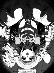  1girl apron bandaged_leg bandages bandaid bandaid_on_knee bandaid_on_leg breasts collared_shirt commentary_request danganronpa_(series) danganronpa_2:_goodbye_despair enouchi_ai from_above greyscale large_breasts long_hair looking_up monochrome puffy_short_sleeves puffy_sleeves shirt short_sleeves sitting tsumiki_mikan 