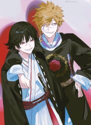  2boys arm_around_shoulder aza_choubei aza_touma belt black_hair black_robe blonde_hair braid brothers chinese_clothes commentary_request cowboy_shot grin hand_on_own_hip highres japanese_clothes jigokuraku katana kimono long_sleeves male_focus mikuroron multiple_boys red_eyes robe scar scar_on_face sheath sheathed siblings side_braid single_braid smile standing sword teeth twitter_username weapon white_kimono 