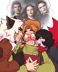  3girls absurdres animal_ears bella_swan black_dress black_gloves black_hair blush book brown_jacket commentary competition deadlock_(game) dress edward_cullen english_commentary flirting gloves green_eyes green_suspenders green_sweater hair_between_eyes highres holding holding_book holding_umbrella isabella_swan jacket long_hair medium_hair mina_(deadlock) multiple_girls orange_eyes orange_hair paige_(deadlock) parasol pulling_another's_clothes red_eyes red_gloves red_umbrella scar scar_across_eye scar_on_cheek scar_on_face scar_on_nose silver_(deadlock) speech_bubble suspenders sweater taffybuns thinking thought_bubble turtleneck turtleneck_sweater twilight_(series) umbrella upper_body vampire werewolf white_hair wolf_ears yuri 