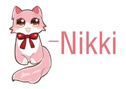  animalization bow bowtie brown_eyes cat character_name chinese_commentary commentary_request happy highres nikki_(nikki) nikki_(series) no_humans open_mouth pink_cat red_bow red_bowtie shining_nikki simple_background smile straight-on white_background zhongxiayezhixia12502 