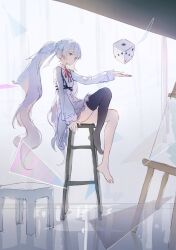  1girl 25-ji_miku aqua_eyes arm_support bare_legs barefoot black_thighhighs canvas_(object) closed_mouth collared_dress dice dress easel frilled_dress frilled_sleeves frills from_side full_body hair_ornament hair_ribbon hashtag-only_commentary hatsune_miku heterochromia highres indoors long_hair long_sleeves looking_at_object neck_ribbon no_shoes on_stool pink_eyes profile project_sekai red_ribbon ribbon sidelocks single_bare_foot single_thighhigh sitting stool thigh-highs thighs toes twintails very_long_hair vocaloid white_dress white_ribbon wooden_stool yue_yue 