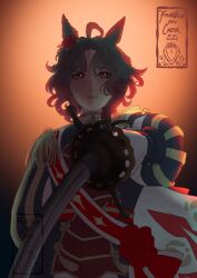  1girl ahoge animal_ears artist_name backlighting blue_jacket brown_hair cape closed_mouth collared_jacket colored_tips commentary cowboy_shot crossdressing crossdressing_(ftm) dark ear_ornament english_commentary epaulettes expressionless flower flower_button formal_clothes four-pointed_star frown frutillasncrema gloves gold_buttons hair_flower hair_ornament high_collar highres holding holding_sword holding_weapon horse_ears horse_girl jacket light_blush lips long_sleeves multicolored_hair multicolored_jacket nostrils orange_background parted_bangs print_sash puffy_long_sleeves puffy_sleeves red_eyes red_flower red_hair red_jacket red_rose red_sash rose rose_kingdom_(umamusume) sash single_epaulette solo standing star_(symbol) star_print straight-on suit sword tassel thorns two-tone_hair two-tone_jacket umamusume vertical-striped_sleeves watermark wavy_hair weapon white_cape white_gloves 