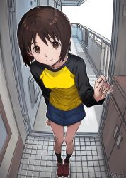 1girl black_socks boots breasts brown_eyes brown_hair clopen28 commentary_request dated denim denim_skirt doorway full_body highres leaning_forward looking_at_viewer nakahara_misaki nhk_ni_youkoso! short_hair skirt small_breasts smile socks solo 