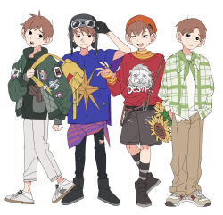  1boy :d absurdres alternate_costume beanie belt belt_buckle black_belt black_eyes black_gloves black_hat black_pants black_shirt black_shoes black_socks blue_shirt boots brown_gloves brown_hair brown_pants buckle chilchuck_tims contemporary dungeon_meshi flower gloves green_jacket halfling hat helmet highres jacket mimic_(dungeon_meshi) open_mouth orange_hat pants pilot_helmet red_shirt shirt shoes short_hair shorts smile sneakers socks sunflower torn_clothes torn_pants wh00oa white_background white_pants white_shirt white_shoes winged_lion_(dungeon_meshi) yellow_bag 