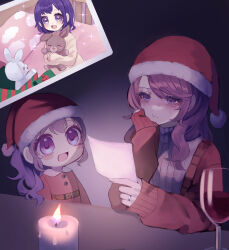  2girls aged_down asahina_mafuyu asahina_mafuyu's_mother blush buttons candle candlelight cardigan christmas closed_mouth collared_dress commentary_request crying crying_with_eyes_open dress empty_eyes fur-trimmed_headwear fur_trim grey_sweater hand_on_own_cheek hand_on_own_face hand_up hat highres holding holding_photo indoors jewelry jishou_210 long_hair long_sleeves looking_at_another looking_at_object mother_and_daughter multiple_girls open_cardigan open_clothes open_mouth photo_(object) ponytail project_sekai purple_hair red_cardigan red_dress red_hat ribbed_sweater ring sad santa_hat sleeves_past_wrists sparkle sweater table tears tongue turtleneck turtleneck_sweater upper_body violet_eyes 