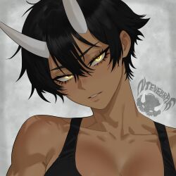  1girl absurdres black_hair breasts commentary dark-skinned_female dark_skin glowing glowing_eyes hair_between_eyes head_tilt highres kiryuu_(ntenebrae) large_breasts looking_at_viewer ntenebrae oni original self-upload short_hair solo tomboy toned toned_female yellow_eyes 