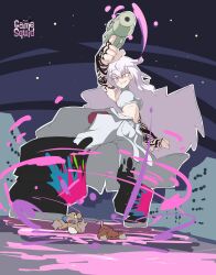  1girl absurdres arm_tattoo artist_name baggy_pants bare_shoulders belt black_background black_pants black_shoes breasts city clothes_around_waist commentary english_commentary eyeshadow finger_tattoo gamesquid giant giantess guernica_(p5t) gun hair_between_eyes hand_tattoo highres holding holding_gun holding_weapon jacket jacket_around_waist long_hair looking_down loose_belt makeup medium_breasts navel night paint_on_clothes paint_splatter pants persona persona_5 persona_5_tactica pink_eyes red_eyeshadow shirt shoes sleeveless sleeveless_shirt smile smirk solo spray_can spray_paint tank_top tattoo tattoo_sleeve two-tone_pants very_long_hair wavy_hair weapon white_belt white_hair white_jacket white_pants white_tank_top 