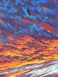  1other absurdres ambiguous_gender barefoot chinese_commentary clouds cloudy_sky colorful commentary_request falling fangpeii from_side highres long_sleeves original pants pink_pants pink_shirt scenery shirt short_hair signature sky sky_focus wide_shot 